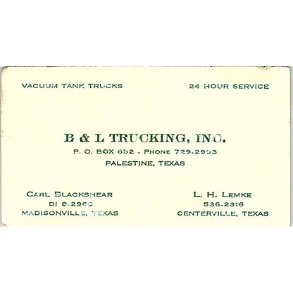 B & L Trucking Cael Blackshear Madisonville Texas Vintage Business Card SB4-B6