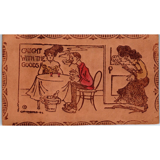 c1906 Man Cheating on Wife Humor Original Leather Postcard AE2