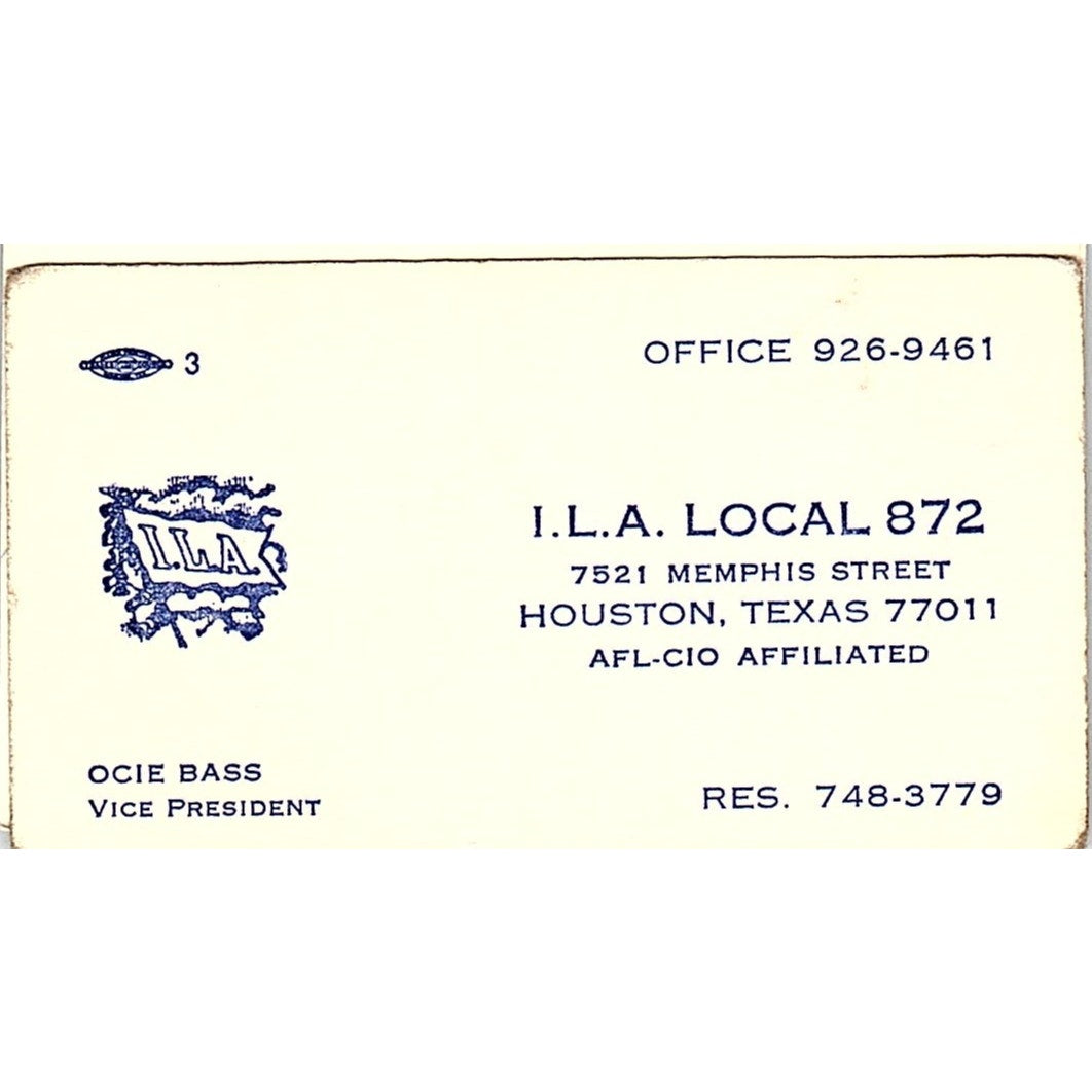 Ocie Bass I.L.A. Local 872 Houston Vintage Business Card SC9-B13
