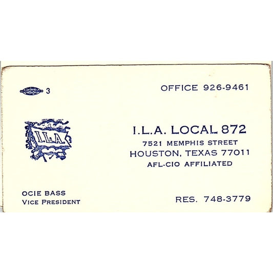 Ocie Bass I.L.A. Local 872 Houston Vintage Business Card SC9-B13