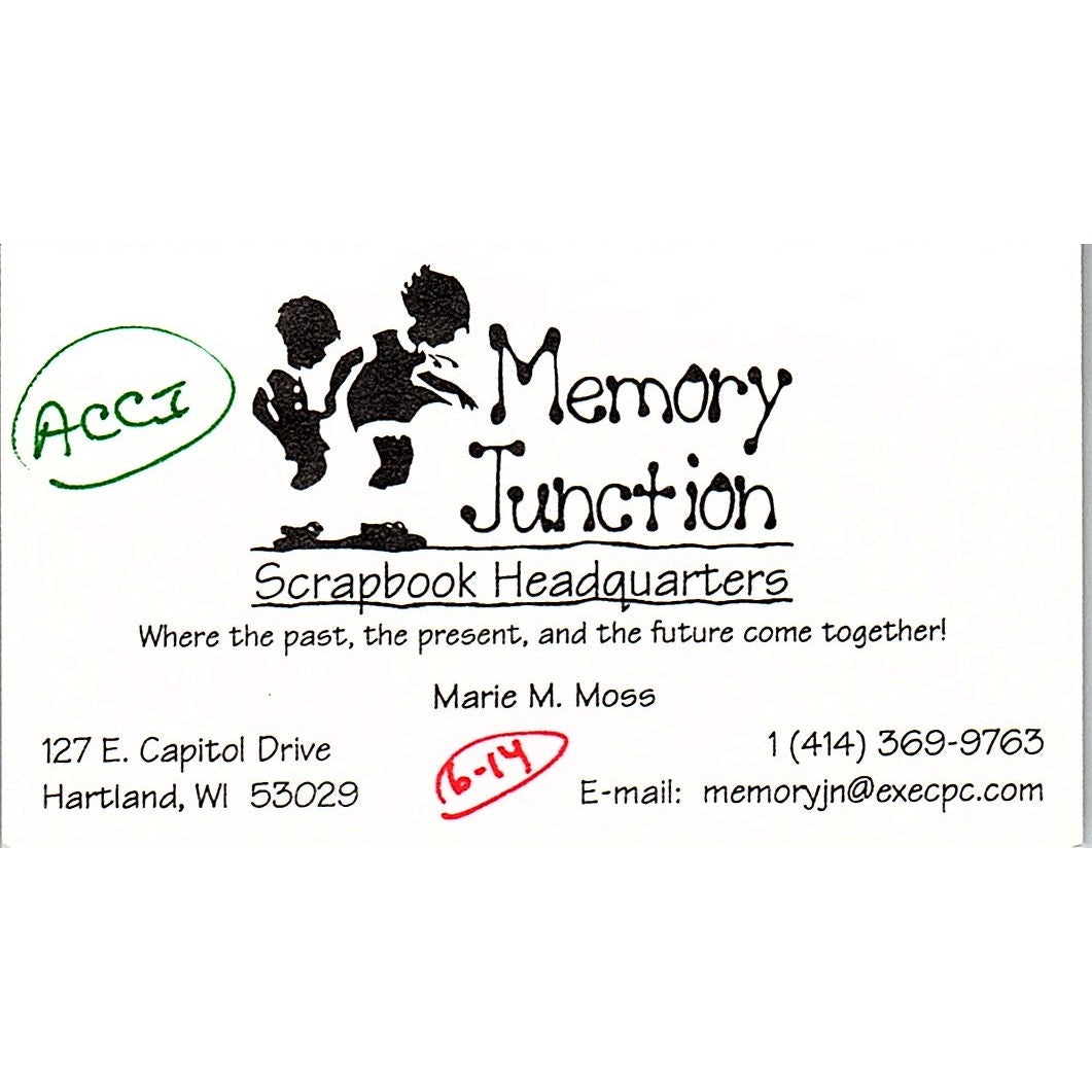 Memory Junction Scrapbook Marie M Moss Hartland WI Vintage Business Card SC9-B9