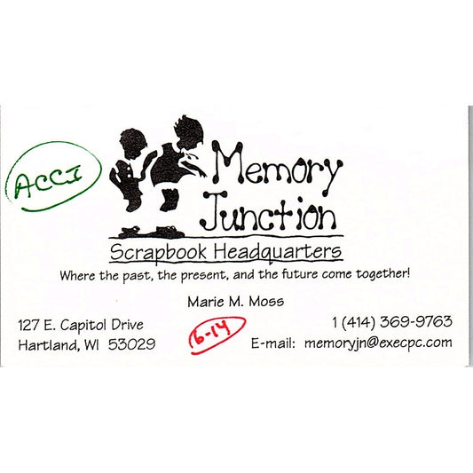 Memory Junction Scrapbook Marie M Moss Hartland WI Vintage Business Card SC9-B9