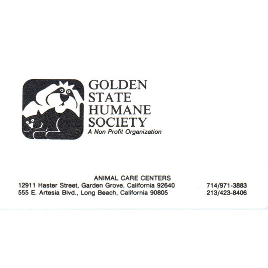 Golden State Humane Society Garden Grove Long Beach CA Vtg Business Card SD8-B15