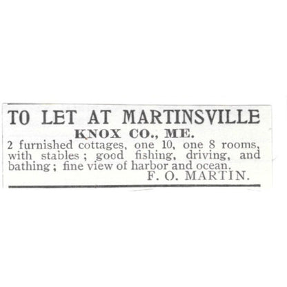 Martinsville Cottages to Rent Knox County ME F.O. Martin 1903 Ad AF8-S45