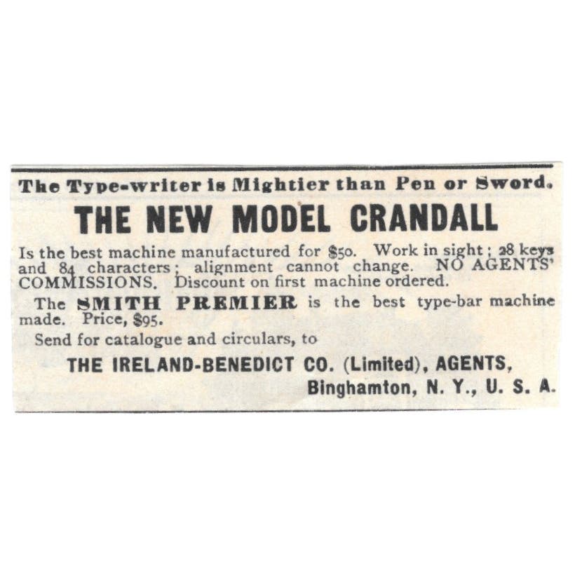 Crandall Typewriter Ireland-Benedict Co Binghamton NY c1890 Victorian Ad AE9-CH1