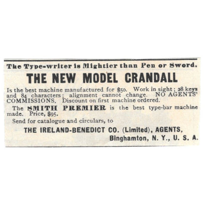 Crandall Typewriter Ireland-Benedict Co Binghamton NY c1890 Victorian Ad AE9-CH1
