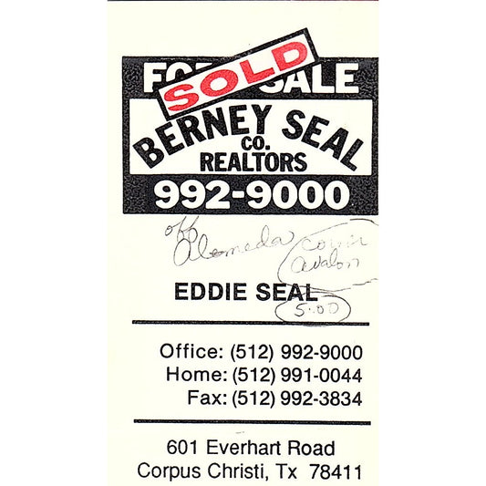 Eddie Seal Berney Seal Co Realtors Corpus Christi Vintage Business Card SC9-B1