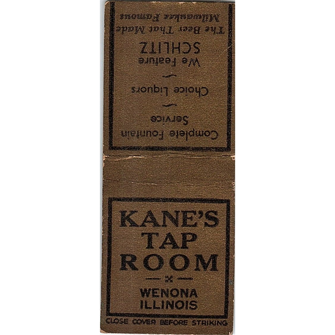 Kane's Tap Room Wenona Illinois Schlitz Vintage Matchbook Cover SF3-Y2