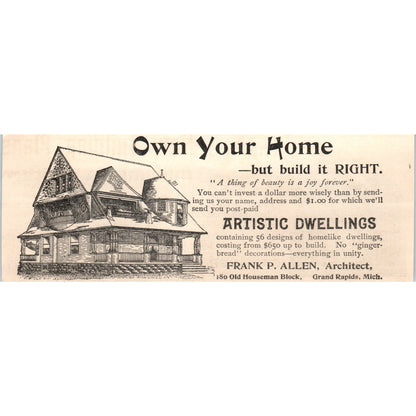 Own Your Home Frank P. Allen Architect Grand Rapids MI 1892 Magazine Ad AB6-SM1