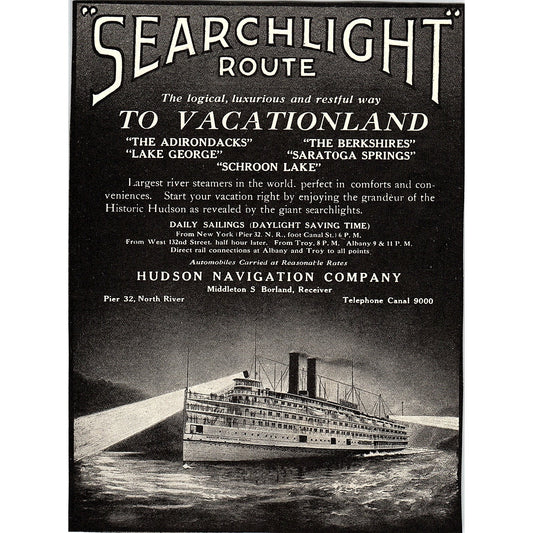 Searchlight Route to Vacationland Hudson Navigation Co c1920 Ad AF8-9