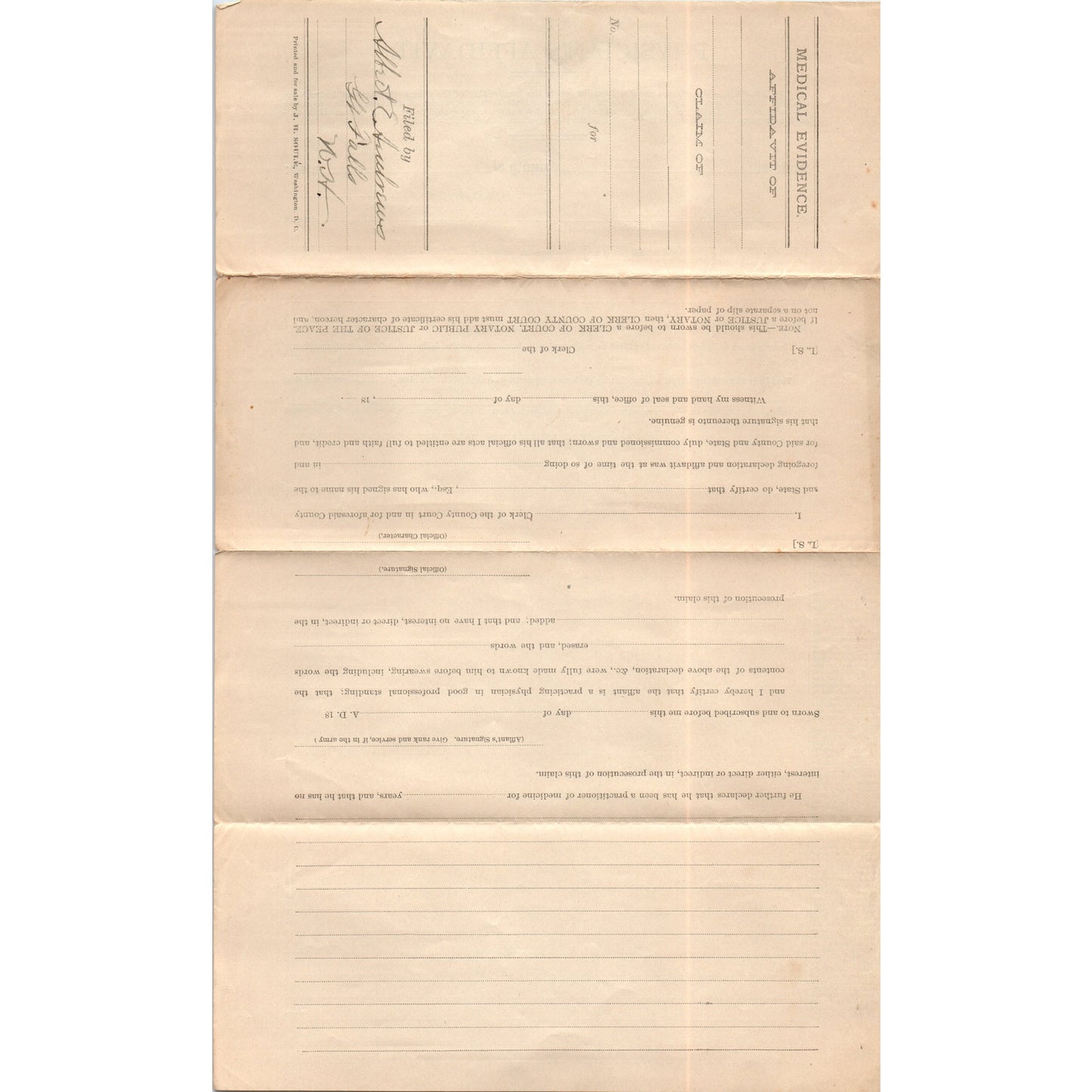 1880s Medical Evidence Physician's Affidavit Form AF7-E7