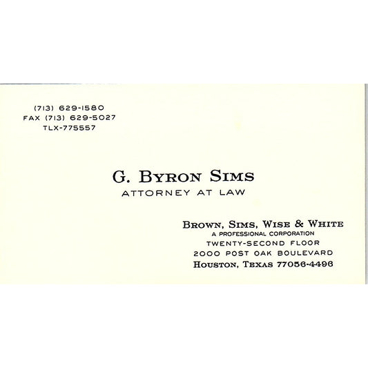 G. Byron Sims Attorney Houston Brown Sims Wise White Vtg Business Card SC9-B3