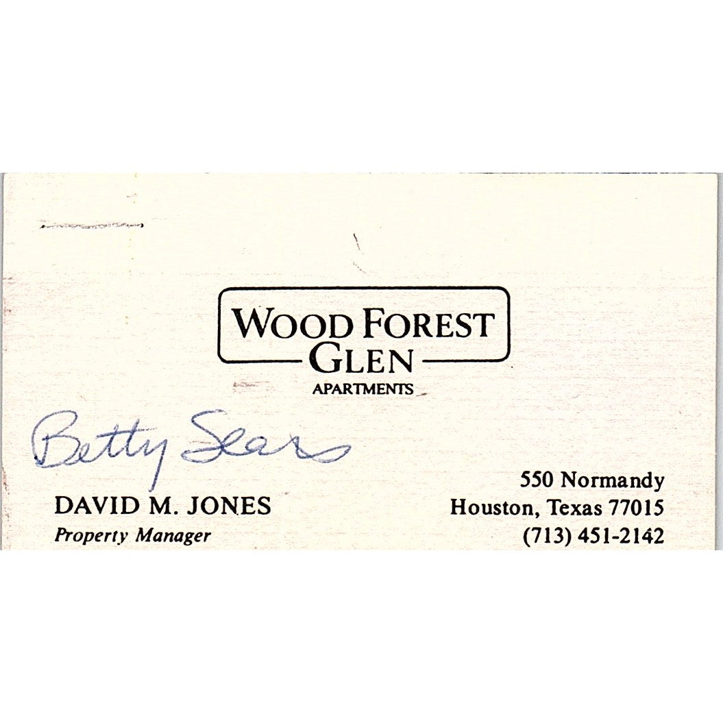 Betty Sears Wood Forest Glen Apartments Houston TX Vintage Business Card SE3-B15