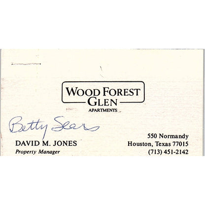 Betty Sears Wood Forest Glen Apartments Houston TX Vintage Business Card SE3-B15