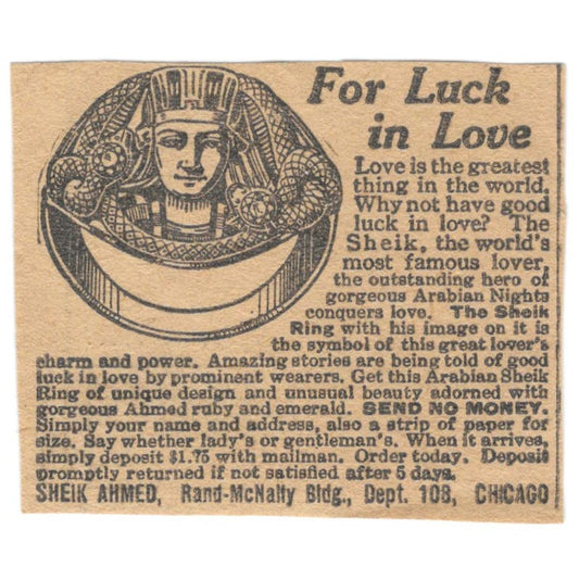 Sheik Ahmed Chicago Exotic Love Ring 1923 Magazine Ad Clip AE1-6