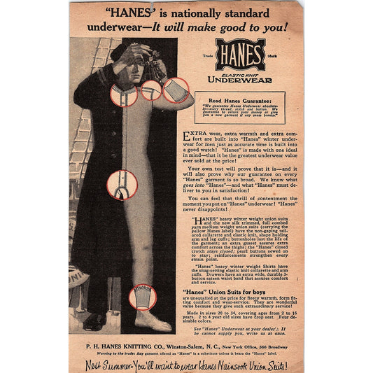 Hanes Underwear - P.H. Hanes Knitting Co Winston-Salem NC 1920 Ad AG2-6