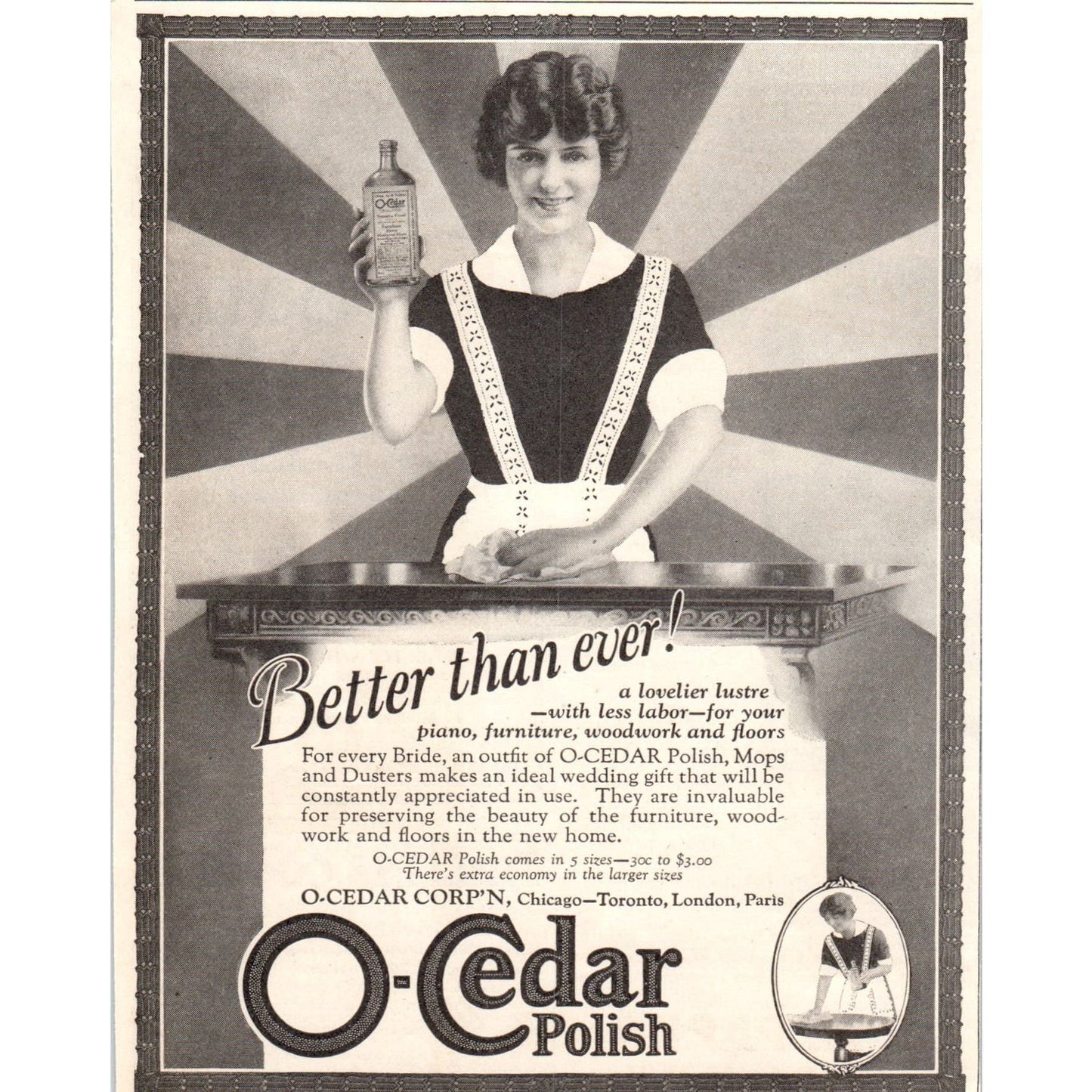 O-Cedar Polish for  Wood Furniture, Pianos Chicago 1924 Magazine Ad AF7-LJ1