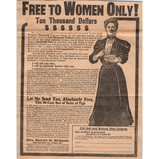 Balm of Figs for Sick Women Mrs. Harriet M. Richards Joliet IL 1910 Ad AF1-CM5