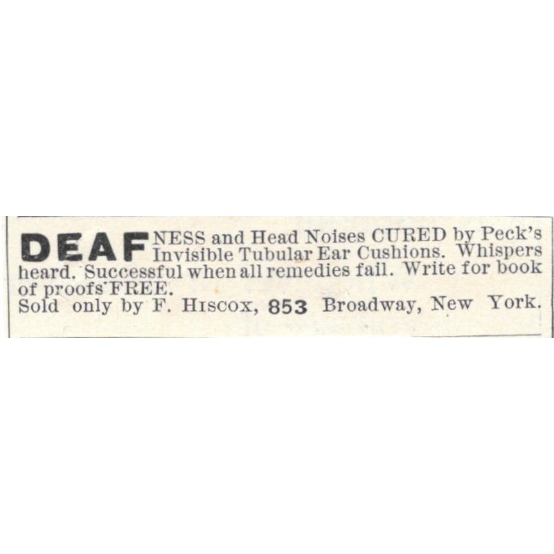 Pecks Invisible Tubular Ear Cushions Deafness Cure 1893 Judge Magazine Ad AB9-SB