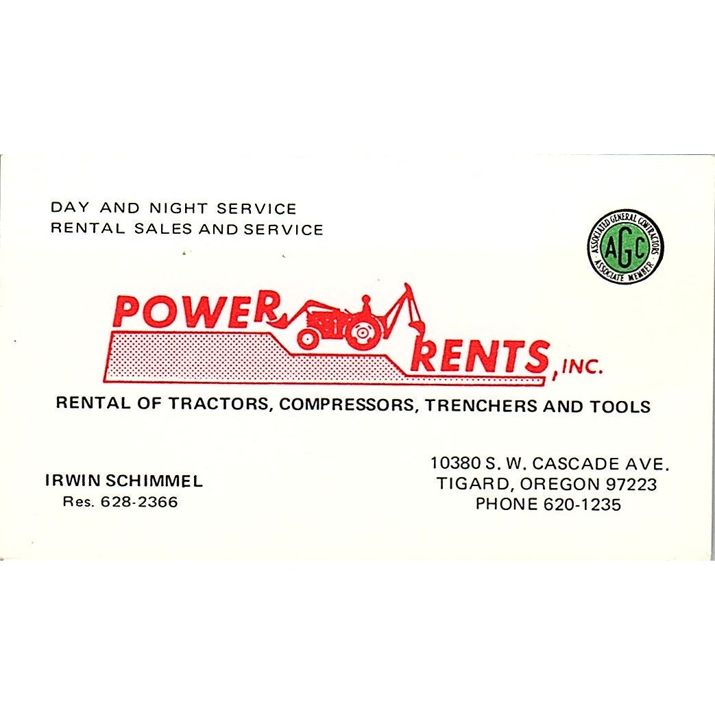 Power Rents Inc. Irwin Schimmel Tigard Oregon Vintage Business Card SB4-B4