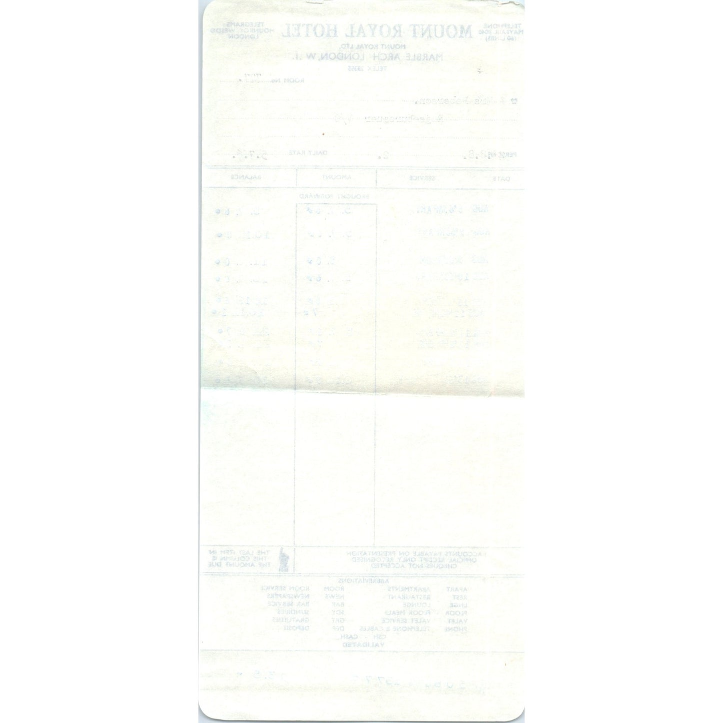 1960s Mount Royal Hotel Marble Arch London Letterhead Receipt AF7-E10