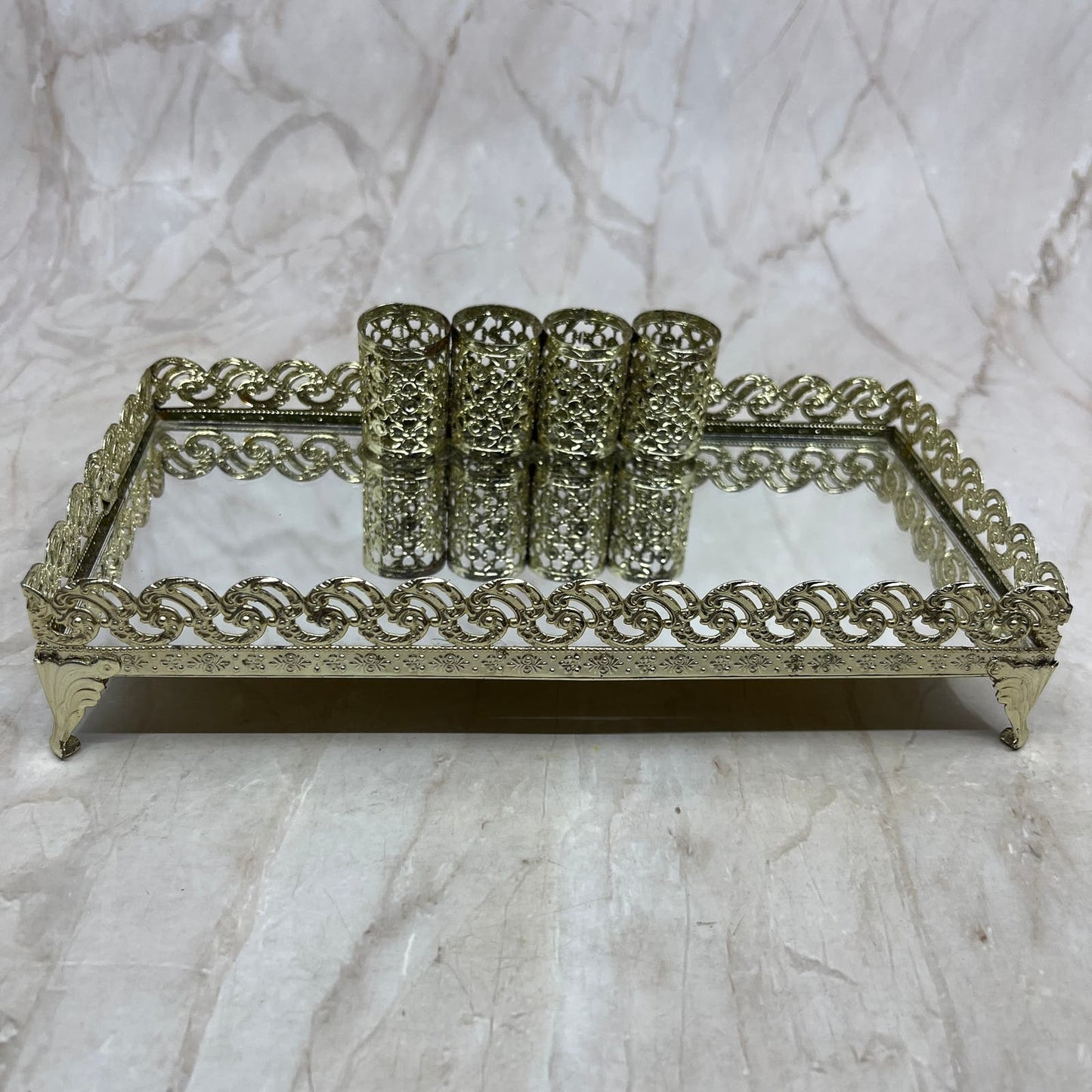 Vintage Lipstick Holder Gold Tone Filigree Ornate Vanity 4 Tubes 4x8” TJ4