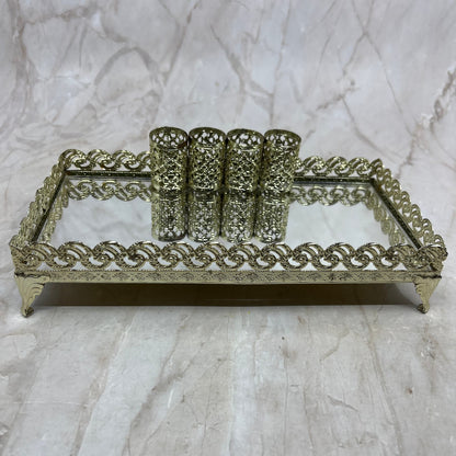 Vintage Lipstick Holder Gold Tone Filigree Ornate Vanity 4 Tubes 4x8” TJ4