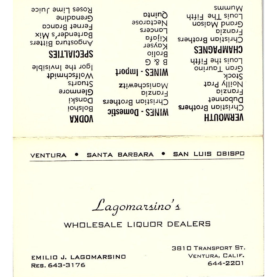 Emilio J Lagomarsino's Wholesale Santa Barbara Ventura CA Business Card SD9-B5
