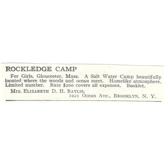 Rockledge Camp Gloucester MA Elizabeth D.H. Baylis c1918 Advertisement AE5-SA10