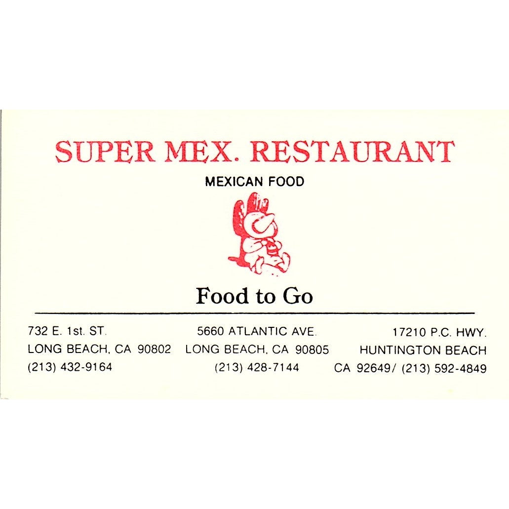Super Mex Restaurant Mexican Food Long Beach Vintage Business Card SD9-B11