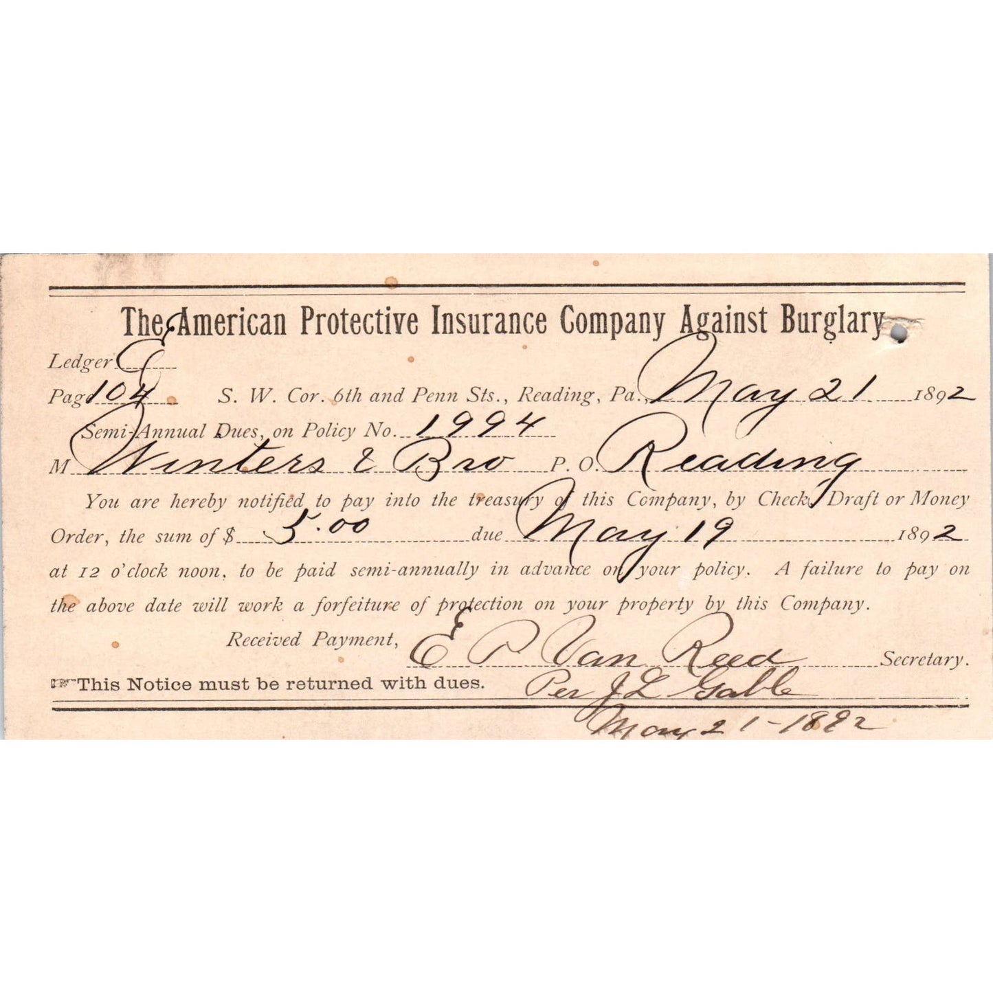 1892 American Protective Ins Co Against Burglary Reading PA Receipt Billhead AE7