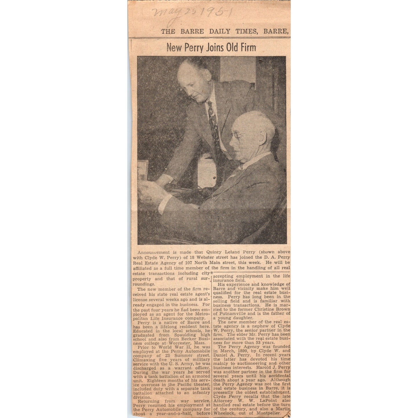 1951 News Clipping Quincy L. Perry to Join D.A. Perry Real Estate Agency AF7-E7