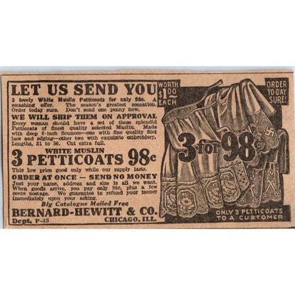 Bernard-Hewitt & Co Chicago Petticoat Offer 1923 Magazine Ad Clip AE1-3