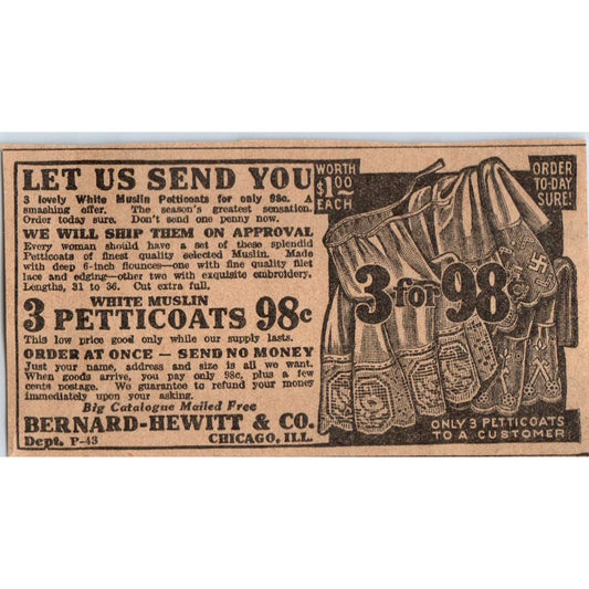 Bernard-Hewitt & Co Chicago Petticoat Offer 1923 Magazine Ad Clip AE1-3