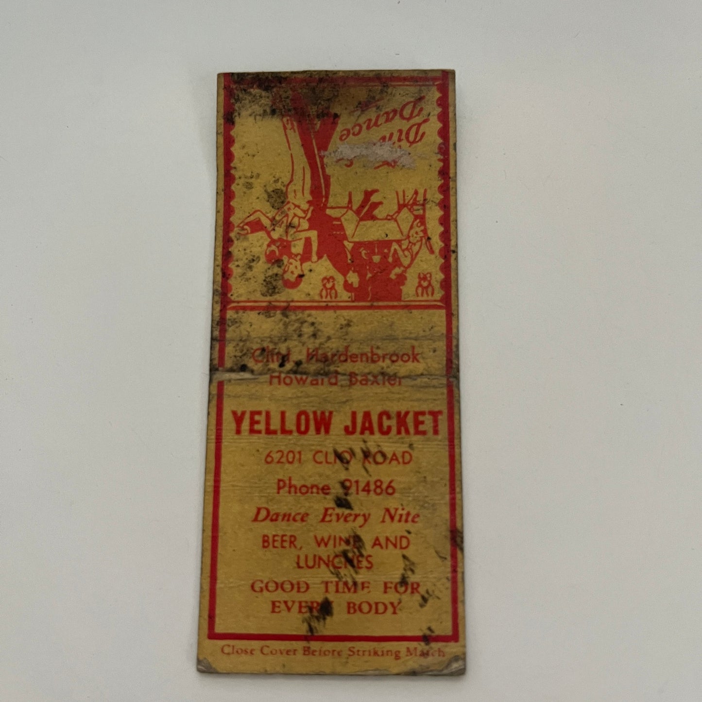 Yellow Jacket Dance & Dine 6201 Clio Rd c1940 Michigan Matchbook Cover MB68-3