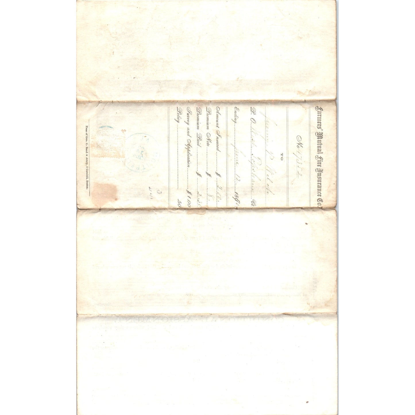 1870 Farmers Mutual Fire Ins Co Policy J.P. Welch West Topsham VT AF7-E7
