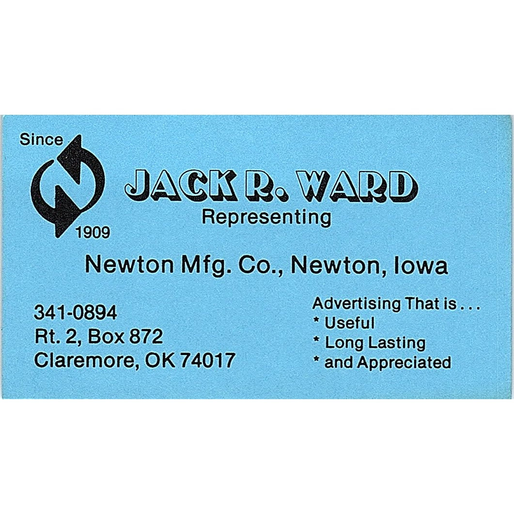 Jack R Ward Newton Mfg Co Iowa Claremore OK Vintage Business Card SE3-B16