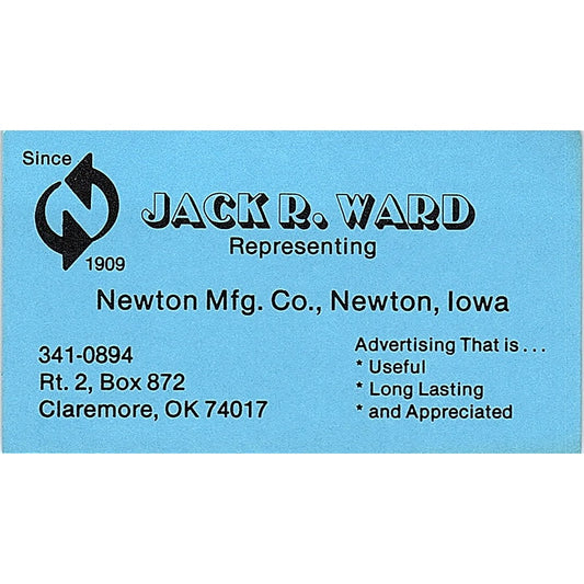 Jack R Ward Newton Mfg Co Iowa Claremore OK Vintage Business Card SE3-B16