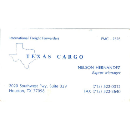 Texas Cargo Nelson Hernandez Houston TX Vintage Business Card SD8-B18