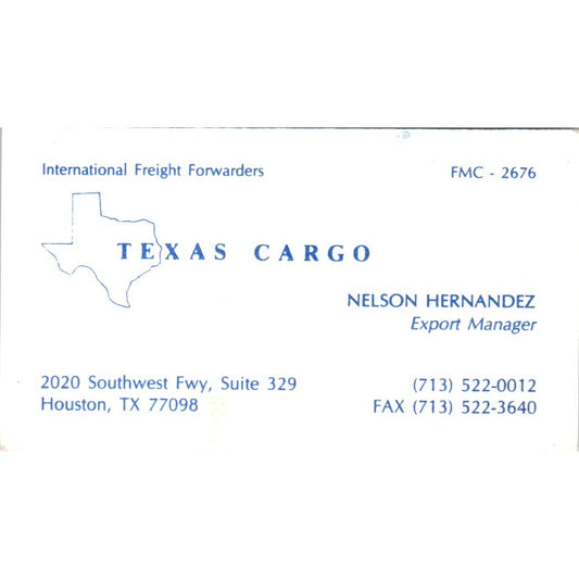 Texas Cargo Nelson Hernandez Houston TX Vintage Business Card SD8-B18