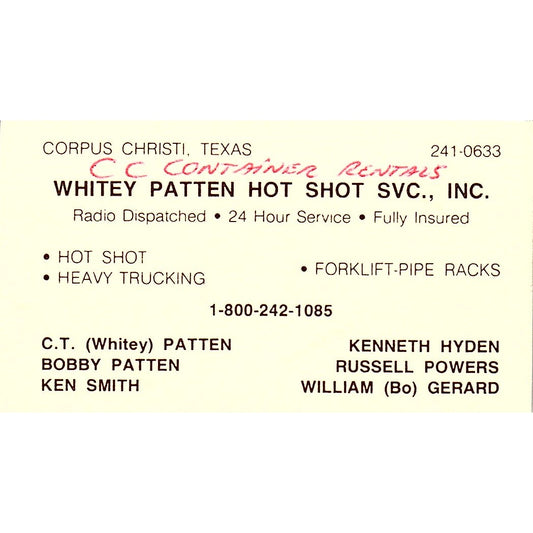 Whitey Patton Hot Shot Svc Corpus Christi Vintage Business Card SC9-B2