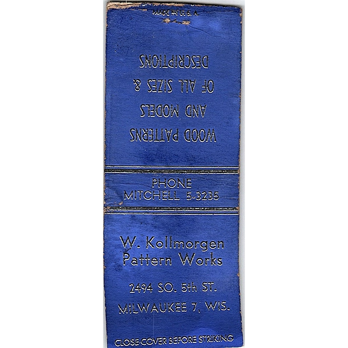 W. Kollmorgen Pattern Works Milwaukee WI Vintage Matchbook Cover SE5-Y1