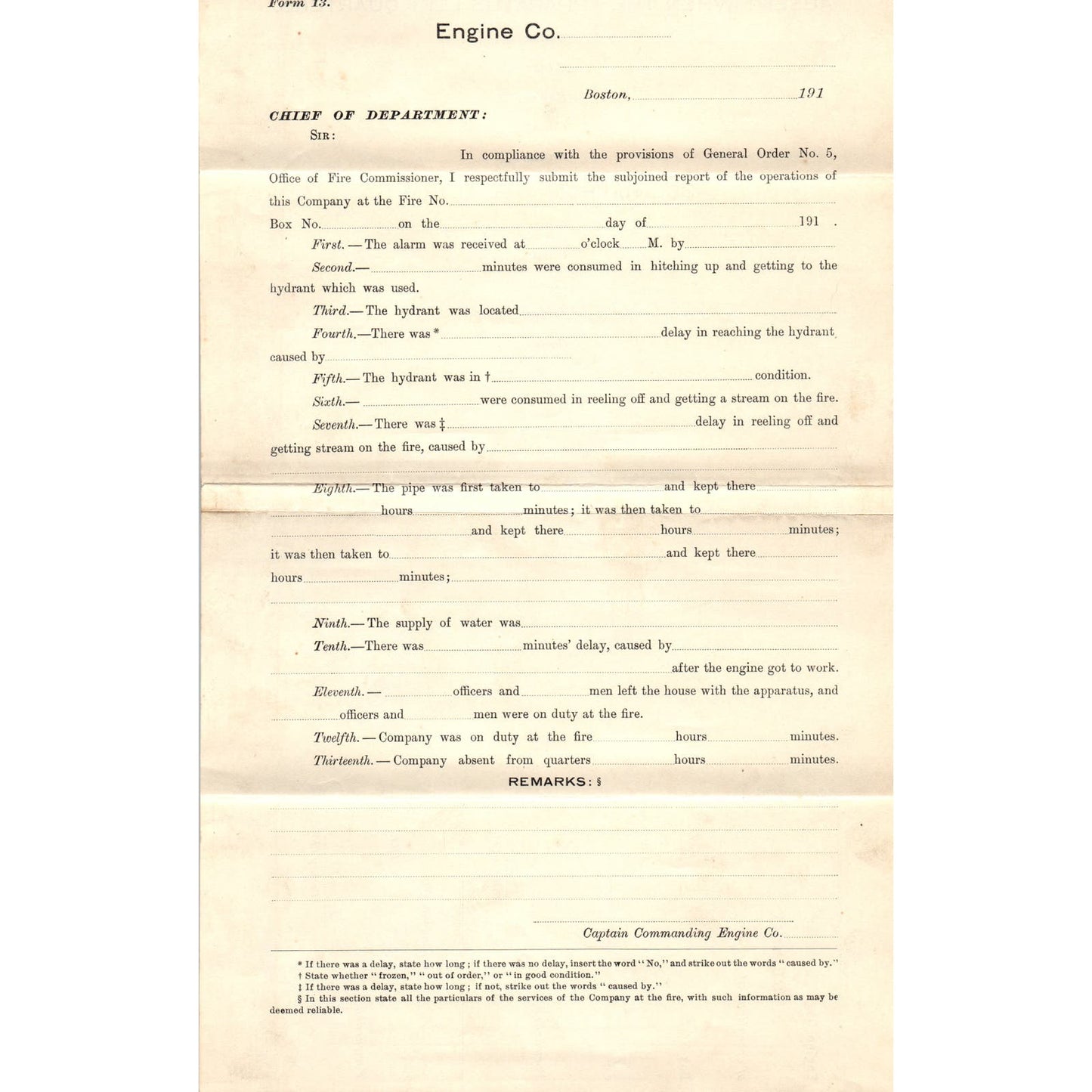 c1910 Boston Fire Department Report Form Blank AE9-X2