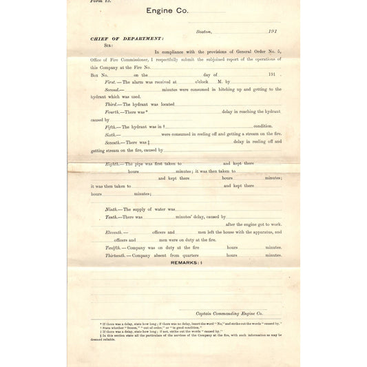 c1910 Boston Fire Department Report Form Blank AE9-X2