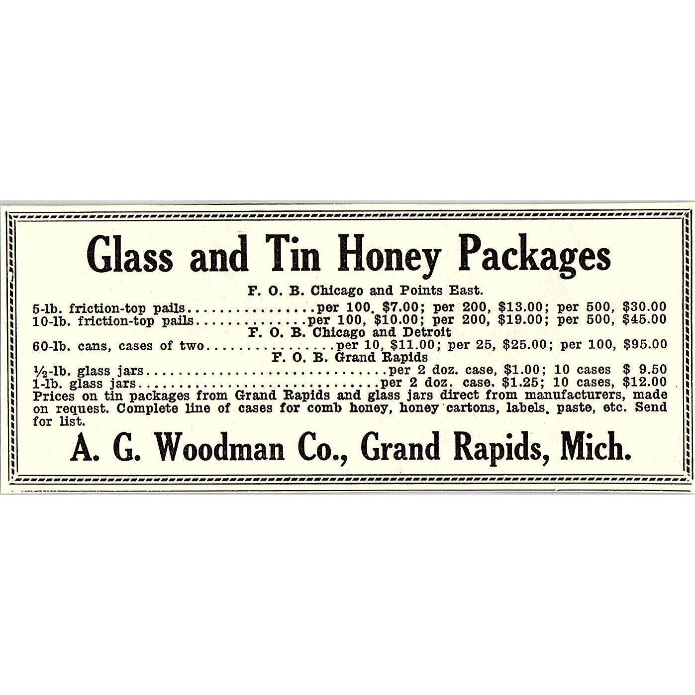 Glass & Tin Honey Packages A.G. Woodman Co Grand Rapids MI 1926 Ad AG3-M8
