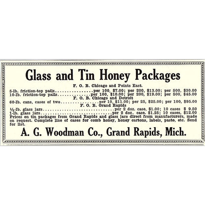Glass & Tin Honey Packages A.G. Woodman Co Grand Rapids MI 1926 Ad AG3-M8