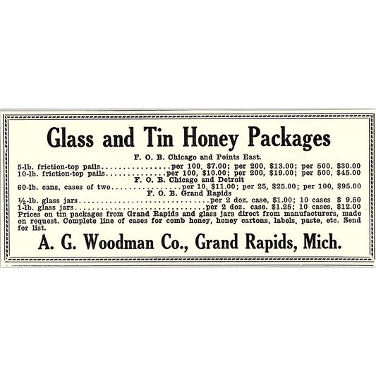 Glass & Tin Honey Packages A.G. Woodman Co Grand Rapids MI 1926 Ad AG3-M8