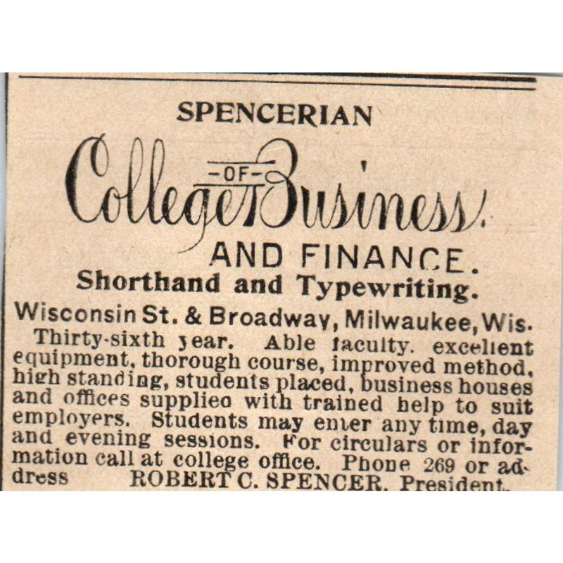 Spencerian College of Business Robert C. Spencer Milwaukee 1898 Clip AF7-SS9