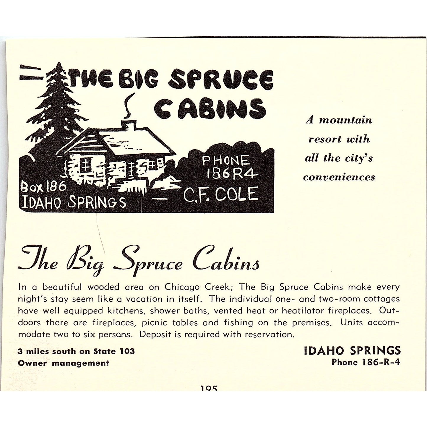 Proctors Restaurant, The Big Spruce Cabins Idaho Springs CO 1958 Ad AG1-H2