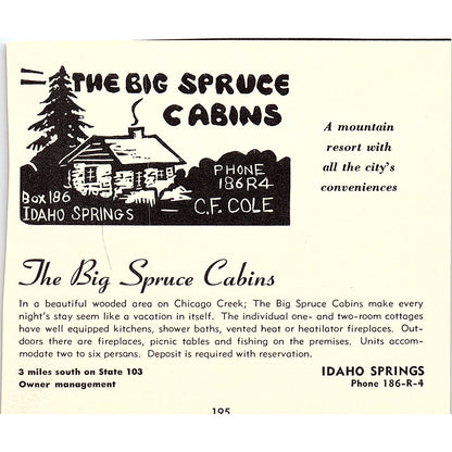 Proctors Restaurant, The Big Spruce Cabins Idaho Springs CO 1958 Ad AG1-H2